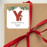 Kids Initial Y Christmas Square Sticker<br><div class="desc">Give the gift of personalised charm this Christmas! Our monogram stickers,  featuring Santa's elf hiding behind the letter Y,  are a unique and thoughtful way to show your love. Customise with a name,  year and a heartfelt greeting. Make your Christmas gifts stand out!</div>