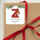 Kids Initial Z Christmas Square Sticker<br><div class="desc">Give the gift of personalised charm this Christmas! Our monogram stickers,  featuring Santas Elf hiding behind the letter Z,  are a unique and thoughtful way to show your love. Customise with a name,  year and a heartfelt greeting. Make your Christmas gifts stand out!</div>