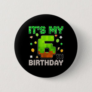Kids Its My 6th Birthday Boy Gaming Pixel Gamer Pa 6 Cm Round Badge