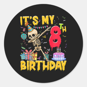 Kids It's My 8th Birthday Party Halloween Skeleton Classic Round Sticker