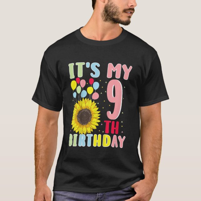 Kids It's My 9th Birthday Sunflower 9 Years Old Bi T-Shirt (Front)