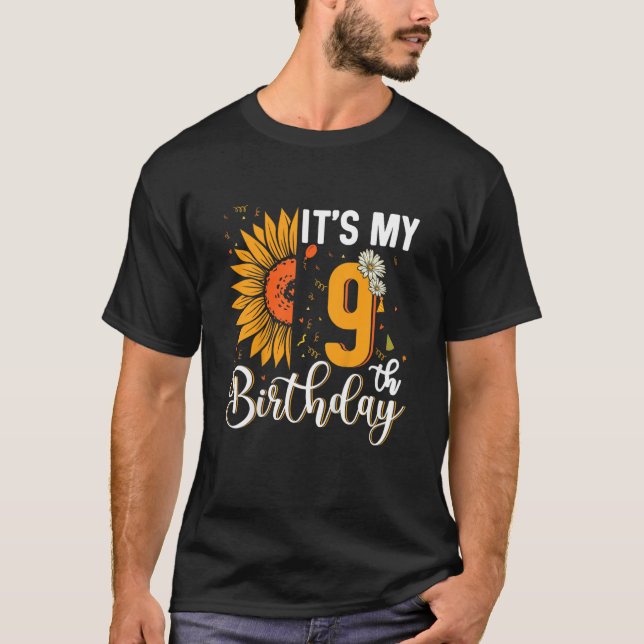 Kids It's My 9th Birthday Sunflower 9 Years Old Bi T-Shirt (Front)
