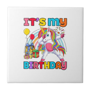 Kids It's My Birthday Dabbing Unicorn Rainbow Girl Ceramic Tile