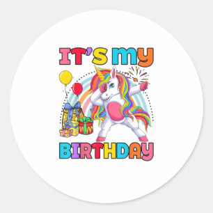 Kids It's My Birthday Dabbing Unicorn Rainbow Girl Classic Round Sticker