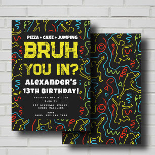 Kids Jump Teenager Black Neon Bruh Boys Birthday Invitation