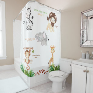 Kid's Jungle Animals Funny Custom Name White Shower Curtain