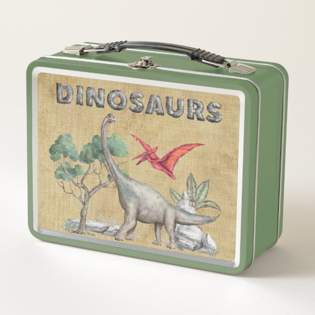 Kids Jungle Watercolor Dinosaur Scenes Metal Lunch Box (Front)
