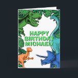 Kids Jurassic Dino Customisable Dinosaur Birthday Card<br><div class="desc">This dinosur design is great for the birthday boy in your life. Give them a dino-mite bday with this dino themed design featuring a trex,  triceratops,  brontosaurus,  and kidnapper.</div>