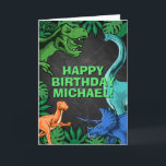 Kids Jurassic Dino Dinosaur Personalised Birthday Card<br><div class="desc">This dinosur design is great for the birthday boy in your life. Give them a dino-mite bday with this dino themed design featuring a trex,  triceratops,  brontosaurus,  and kidnapper.</div>
