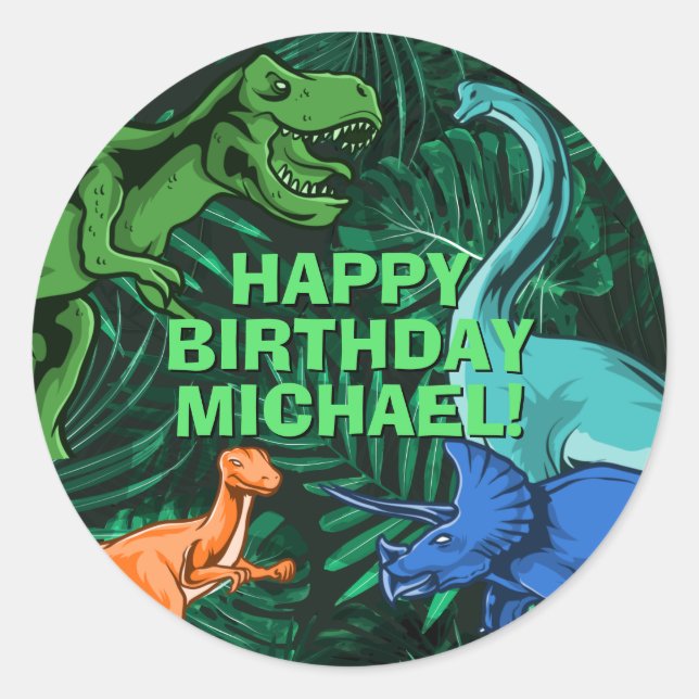 Kids Jurassic Dino Personalised Dinosaur Birthday Classic Round Sticker (Front)