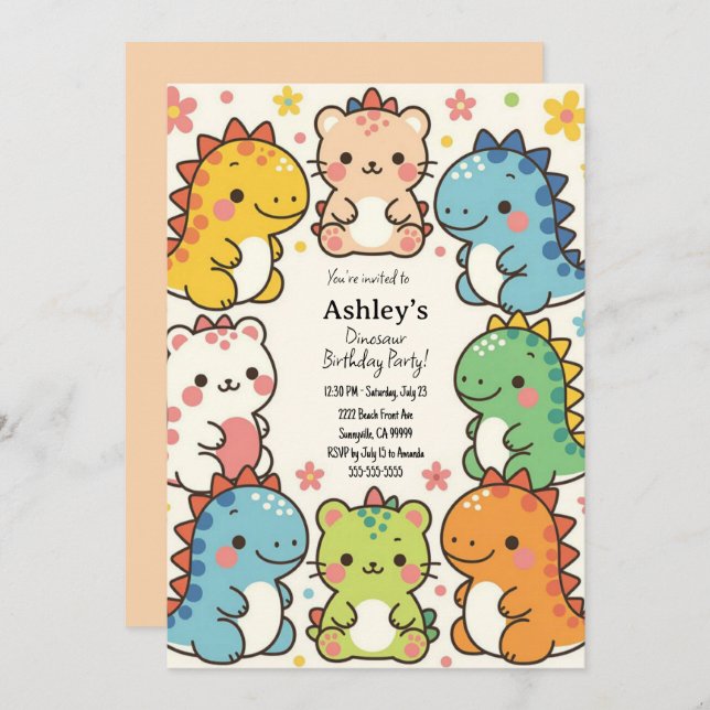 Kids Kawaii Dinosaur Birthday Party  Invitation (Front/Back)