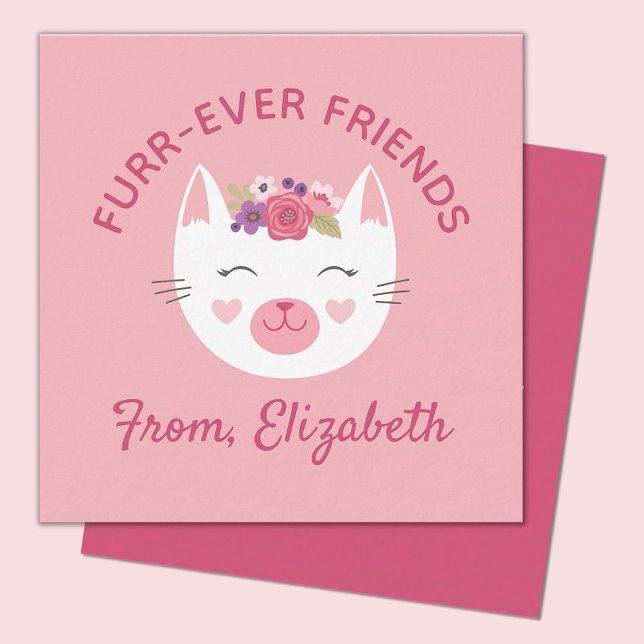 Kids Kitty Face Valentines Day Note Card (A cute pink kitty face valentines day mini 2.5x2.5 card. Perfect for a kids classroom exchange.)