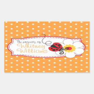 kids ladybug book plate or id name orange sticker
