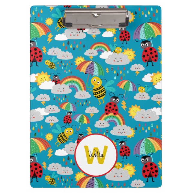 Kids Ladybug Bumblebee Rainbows Personalised Clipboard (Front)