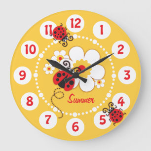 Kids ladybug & flower cute yellow girls wall clock