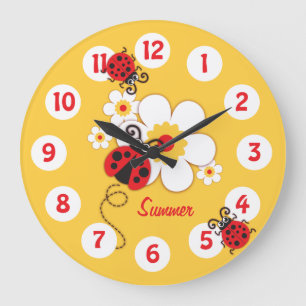 Kids ladybug & flower cute yellow girls wall clock