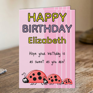 Kids ladybugs add name pink birthday card