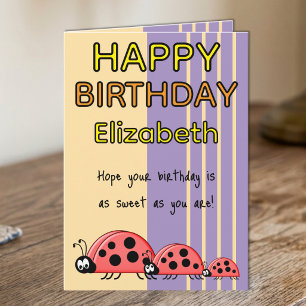 Kids ladybugs add name purple birthday card
