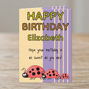Kids ladybugs add name purple birthday card