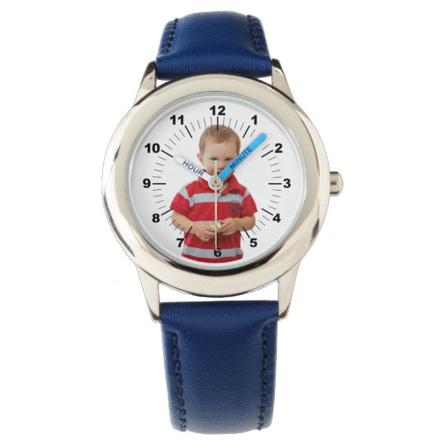 Kid's Leather Strap Watch - Personalised - Blue (Front)