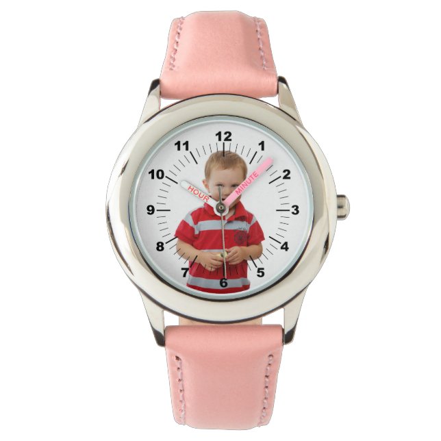 Kid's Leather Strap Watch - Personalised - Pink (Front)