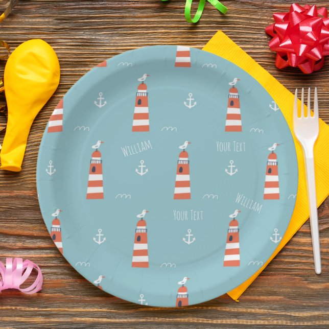 Kids Lighthouse and Anchor Pattern on Blue Paper Plate (Creator Uploaded)