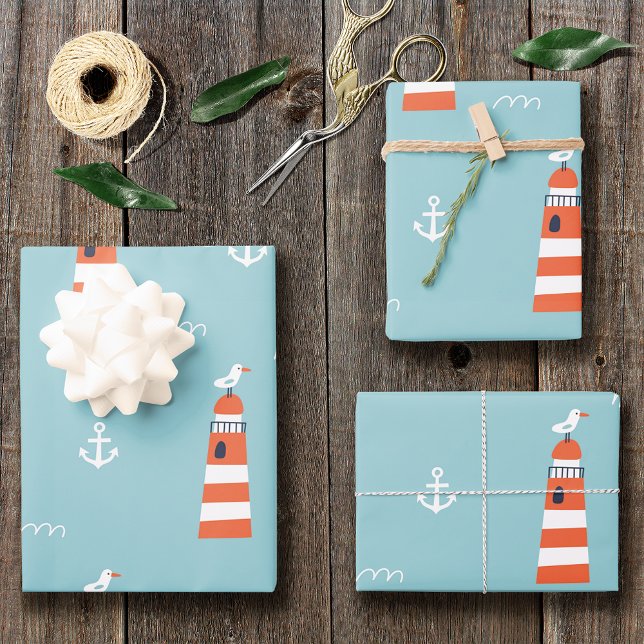 Kids Lighthouse and Anchor Pattern on Blue Wrapping Paper Sheet (Creator Uploaded)