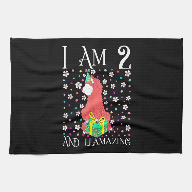 Kids Llama 2 Years Old Pink Llama 2nd Birthday Tea Towel (Horizontal)