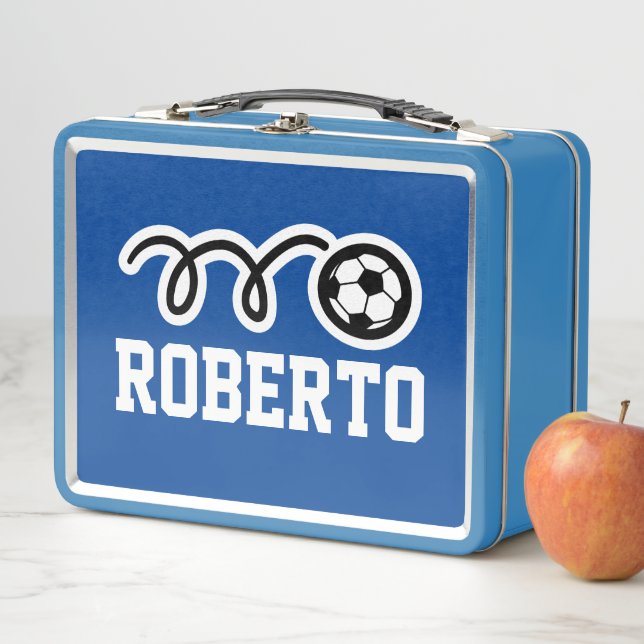 Kid's lunch box with custom soccer ball print (In Situ)