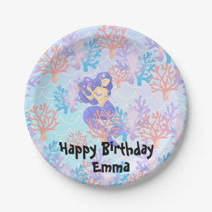 kids magical mermaid under the sea rainbow pastel  paper plate
