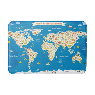 Kids Map of the World With Animals Bath Mat