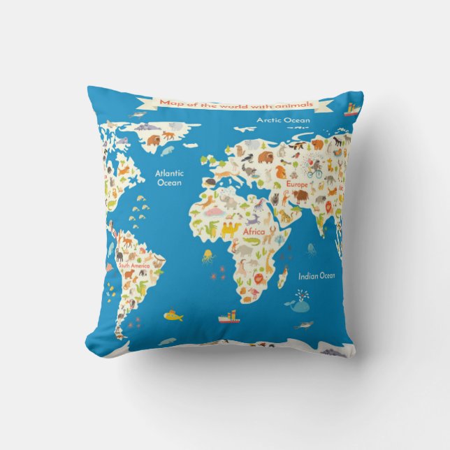 Kids Map of the World With Animals Cushion (Front)