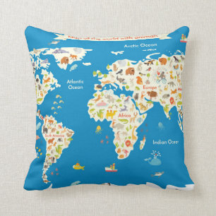 Kids Map of the World With Animals Cushion