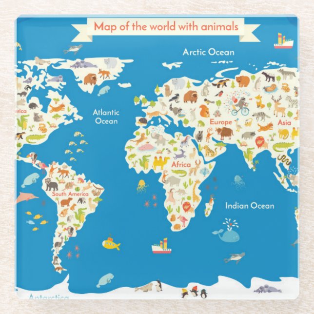 Kids Map of the World With Animals Glass Coaster (Front)