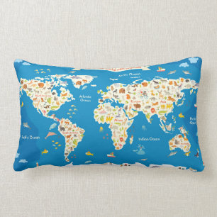 Kids Map of the World With Animals Lumbar Cushion