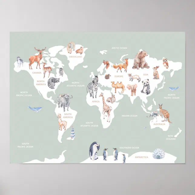 Kids Map of the World With Animals Poster | Zazzle
