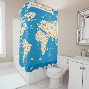 Kids Map of the World With Animals Shower Curtain