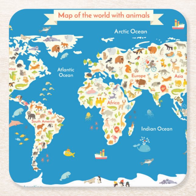 Kids Map of the World With Animals Square Paper Coaster (Front)
