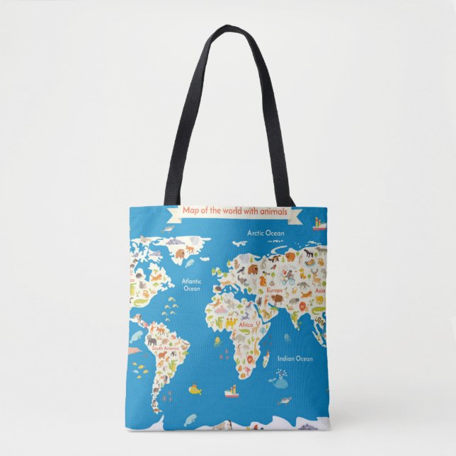 Kids Map of the World With Animals Tote Bag (Front)