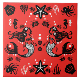 Kids Mermaid Red Pink Ceramic Tile