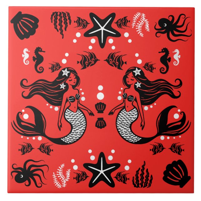 Kids Mermaid Red Pink Ceramic Tile (Front)