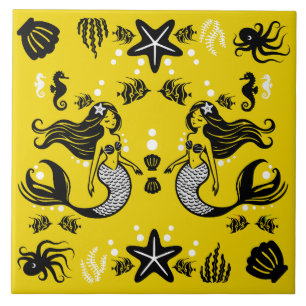 Kids Mermaid Yellow Beach Ceramic Tile