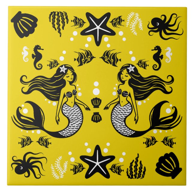 Kids Mermaid Yellow Beach Ceramic Tile (Front)