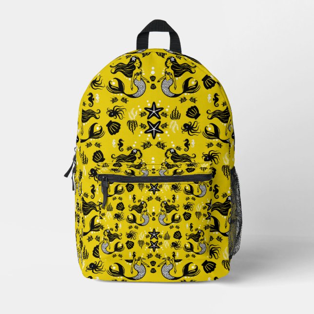Kids Mermaid Yellow Beach Printed Backpack (Front)