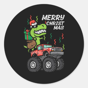 Kids Merry Christmas Dino Monster Truck Xmas Trex Classic Round Sticker