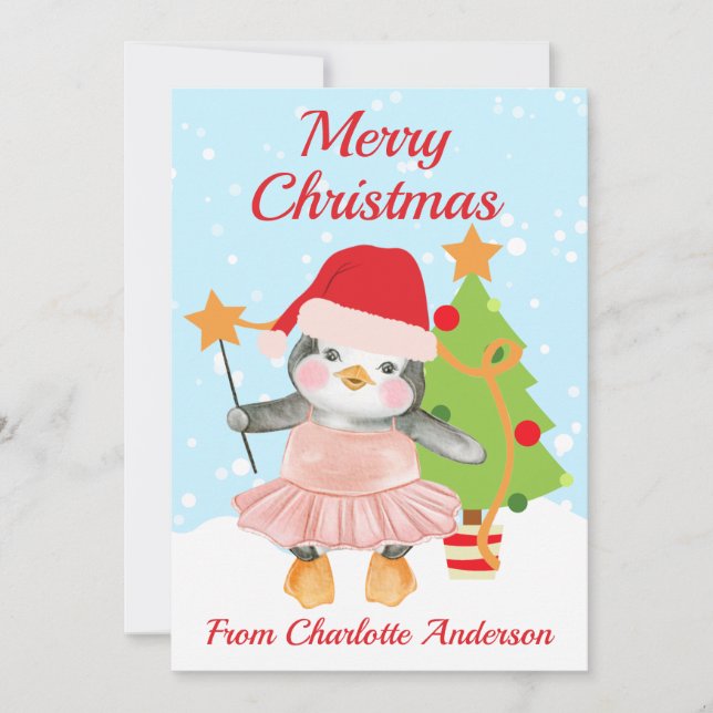 Kids Merry Christmas Penguin Ballerina Flat Holiday Card (Front)