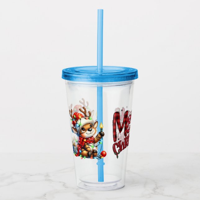 Kids Merry Christmas Reindeer Acrylic Tumbler (Front)