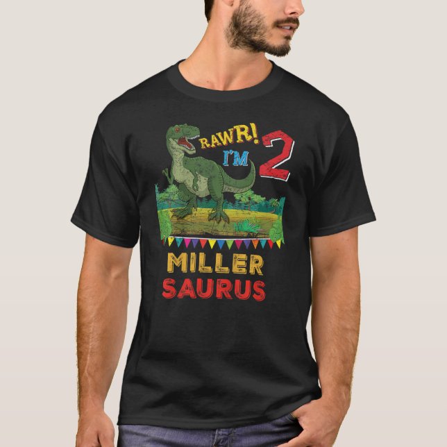 Kids Miller Saurus Rawr I'm 2 Dinosaur T-Rex Perso T-Shirt (Front)