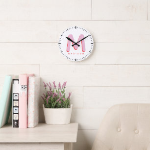 Kids Modern Cute Fun Custom Name 3D Monogram Round Clock