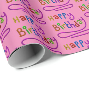 Kids Modern Happy Birthday Script Rainbow Fun Wrapping Paper